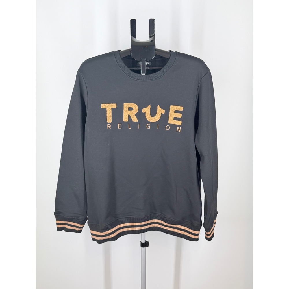 True Religion Mens Black Gold Chenille Logo Crewneck Sweatshirt Large Varsity